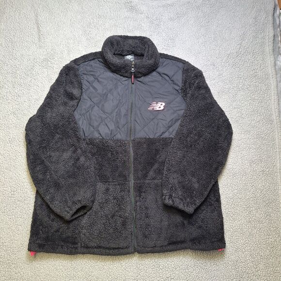 New Balance Womens 2x Fleece Quilted Jacket Sherpa Black Zip Front Elastic Hem - Picture 1 of 9